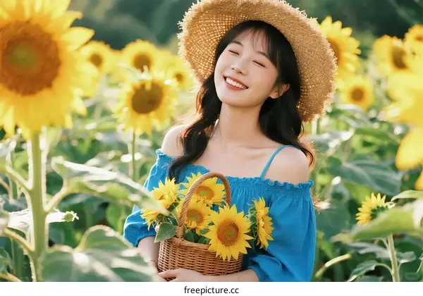 Young woman in straw hat holding basket of sunflowers in field