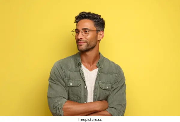 Man in olive green shirt against a bright yellow background