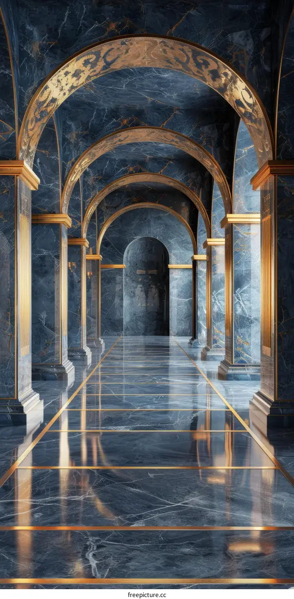 Royal Blue Marble Hallway with Golden Accents
