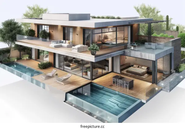 Modern House with Pool Architectural Illustration