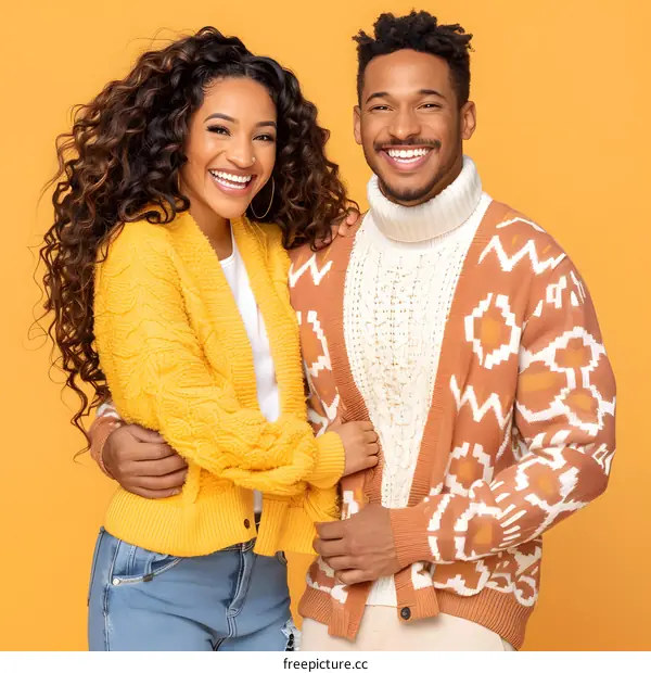 Happy Couple in Love Posing in Studio Against Yellow Background
