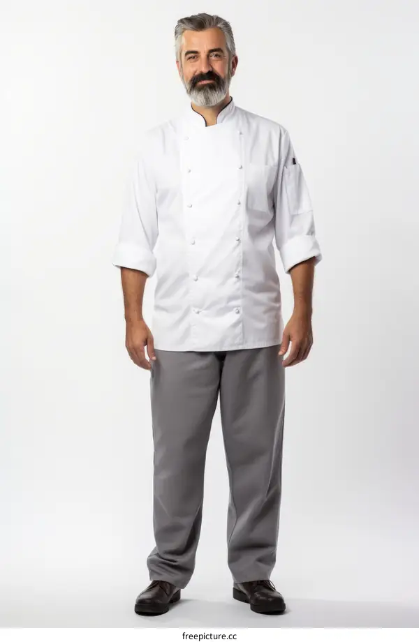 Chef wearing white coat and gray pants