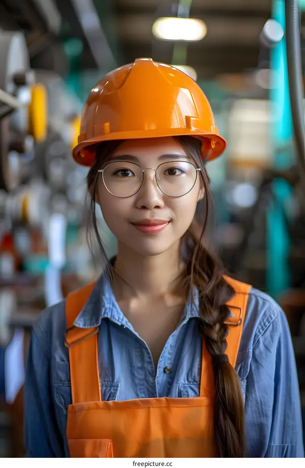 Portrait of a young female engineer wearing a hard hat and safety glasses in a factory