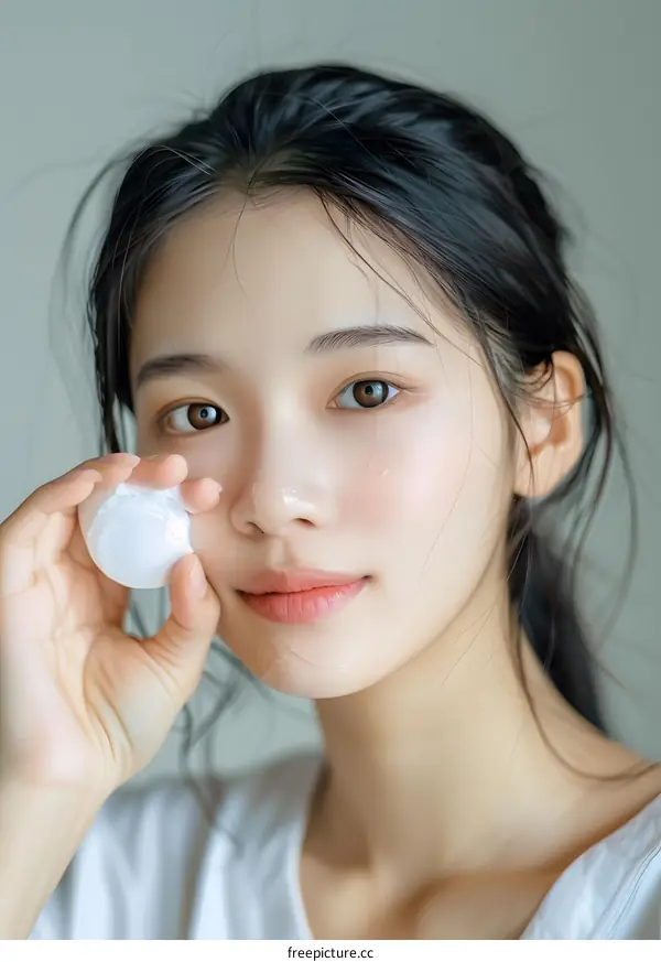 Beautiful Asian Woman Applying Facial Cream