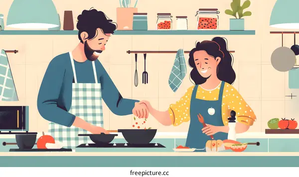 Couple Cooking Together in Kitchen Illustration