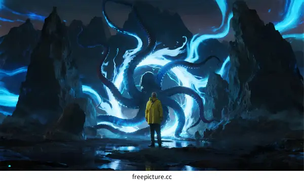 A lone figure standing before a massive glowing blue tentacle creature in a mountainous landscape