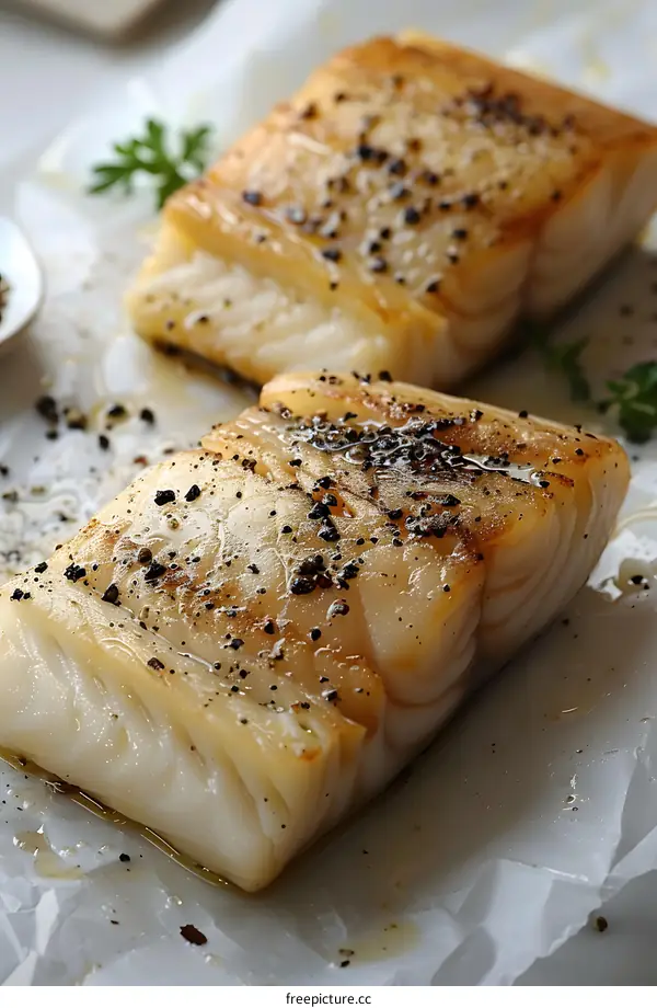 Two pieces of fish fillet with herbs and spices on a white plate