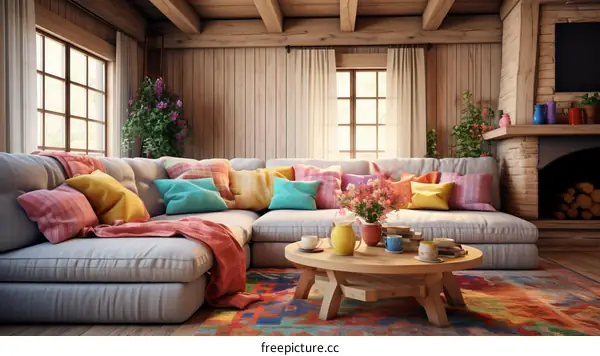 A cozy living room with a fireplace and a sofa