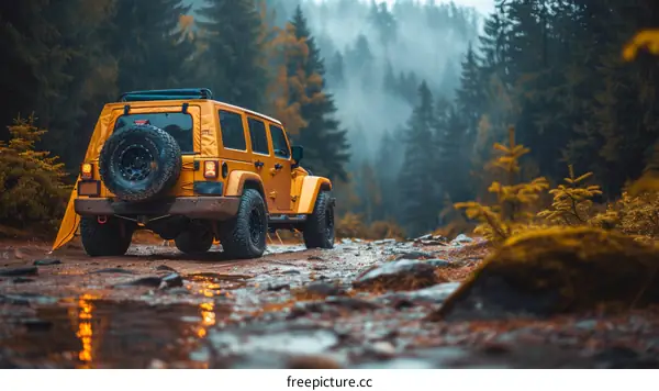 Yellow Jeep Wrangler on Rocky Mountain Trails