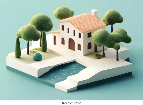 3D Minimalist Illustration of a White House with a Brown Roof and Green Trees by a River