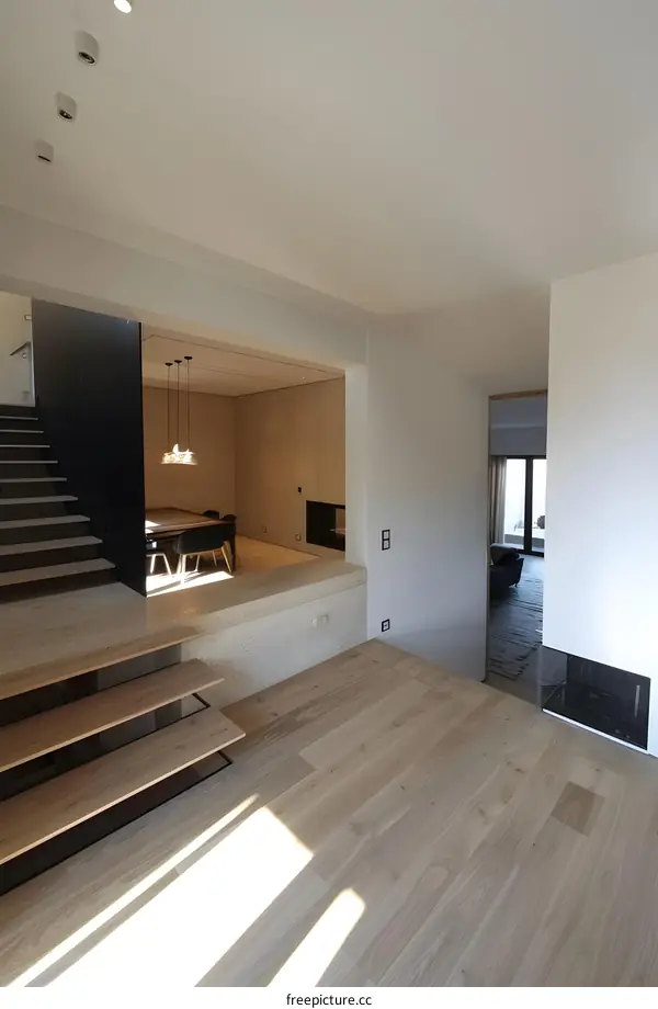 Modern Minimalist Interior Design with Wooden Staircase and Hardwood Floor
