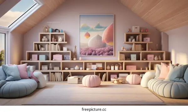 3D rendering of a cozy attic playroom with a pink and blue color scheme