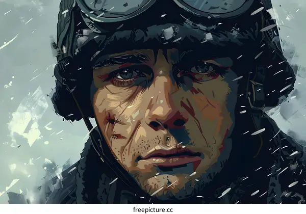 A portrait of a young pilot in a vintage helmet and goggles from World War II