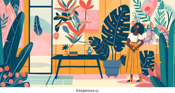 Woman Standing in a Room with Tropical Plants