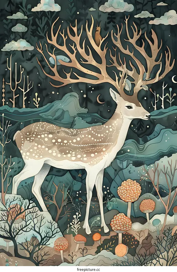 Fantasy Deer with Big Antlers in a Watercolor Illustration