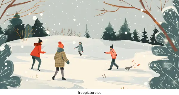 Winter Wonderland Illustration with Four Friends Enjoying Snow Day