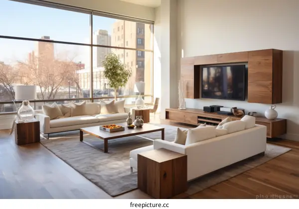 Bright and airy living room with large windows and wooden TV stand