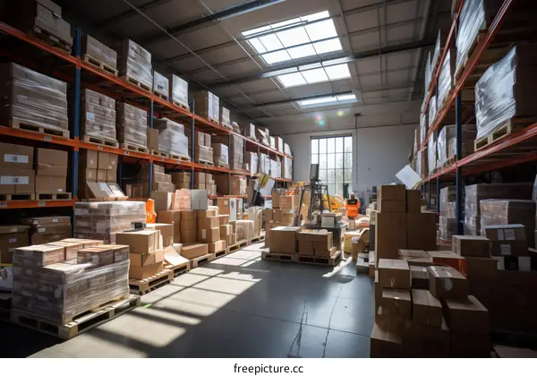 A warehouse with a forklift and many boxes on shelves