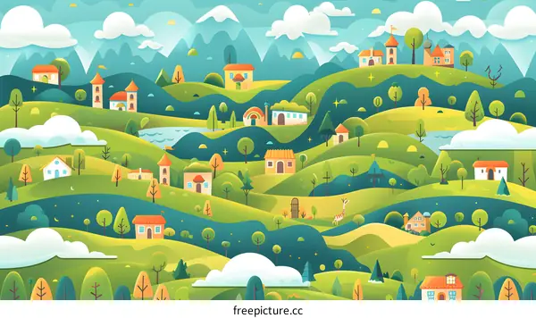 Cartoon illustration of a green landscape with houses, mountains, and clouds