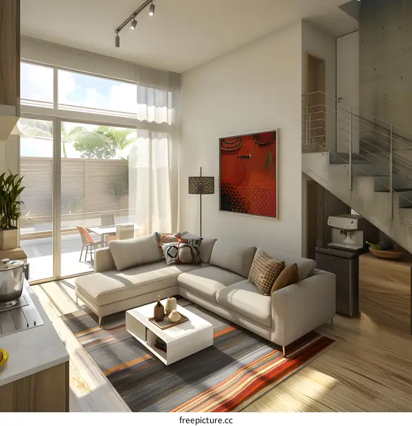 Modern Living Room Interior Design with L Shaped Sofa and Abstract Artwork