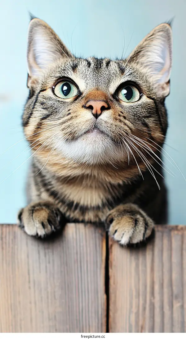 Close-up of a Tabby Cat Looking Up at a Wooden Surface