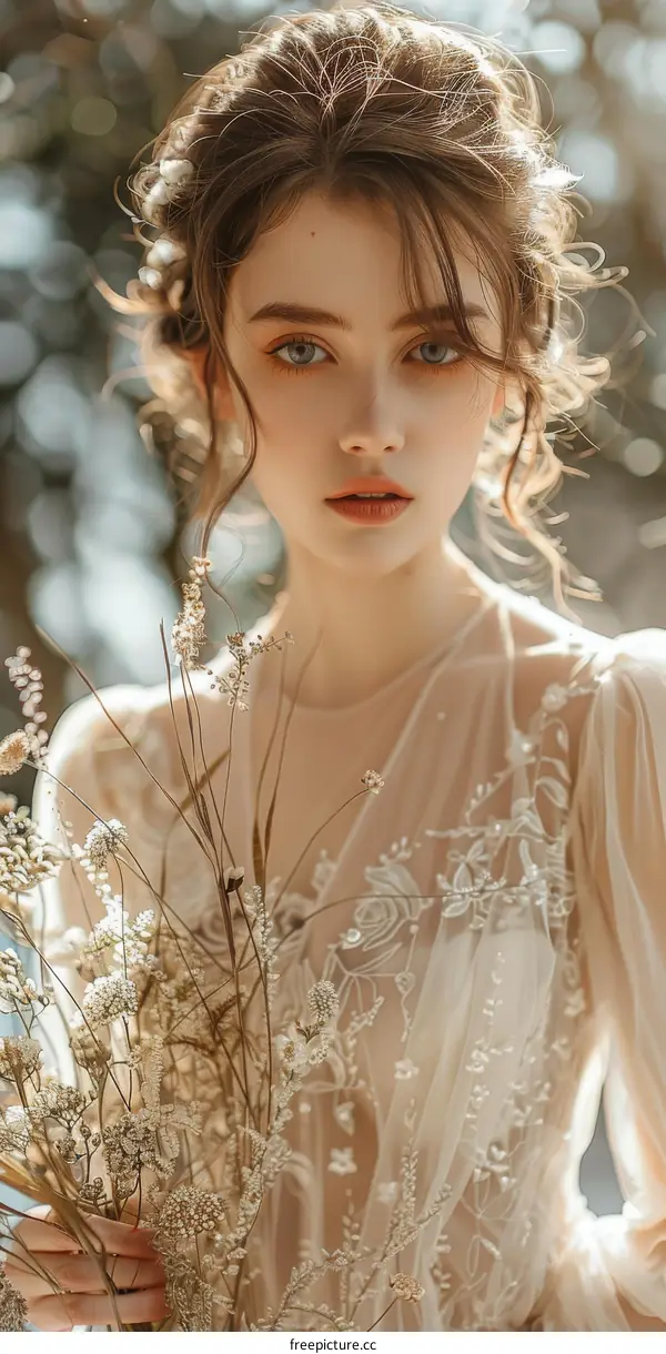 Beautiful Woman in Elegant Lace Dress Outdoor Portrait