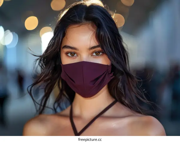 Portrait of a young woman wearing a maroon face mask