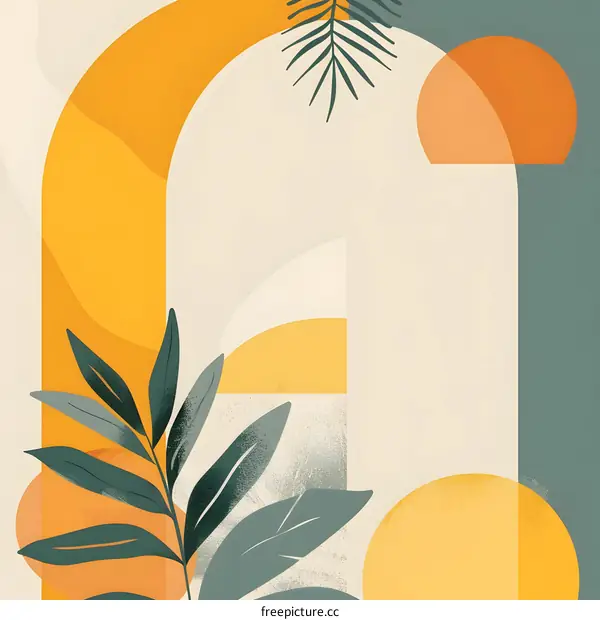 Abstract Minimalist Art with Tropical Leaves and Geometric Shapes