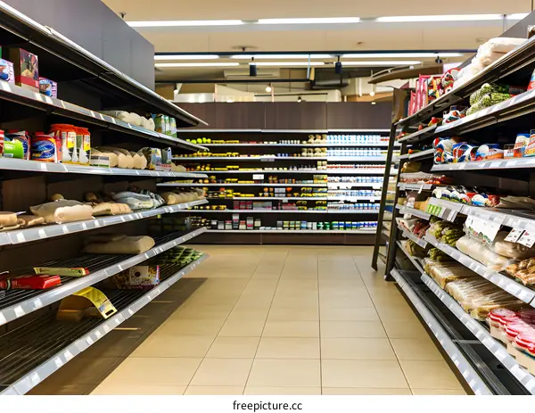 Supermarket Aisle With Shelves Full of Food Products