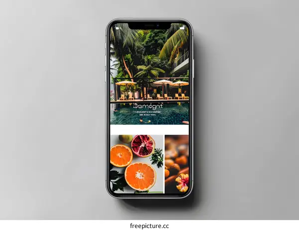 Modern Phone Mockup with Tropical Destination and Fruit Images