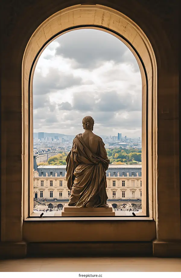 Stone Statue Looking Out Arched Window at Paris Skyline