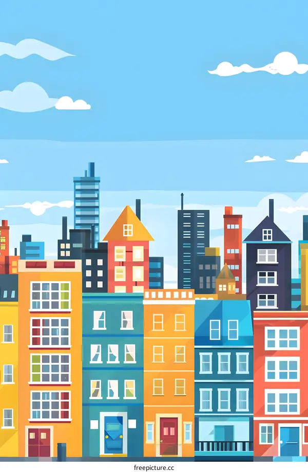Colorful Cityscape Illustration with Buildings and Sky