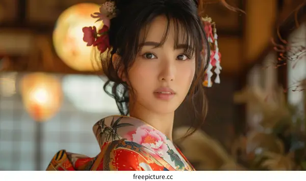 Portrait of a young woman in a kimono