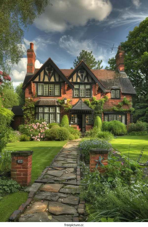Tudor Revival architecture house with a beautiful garden