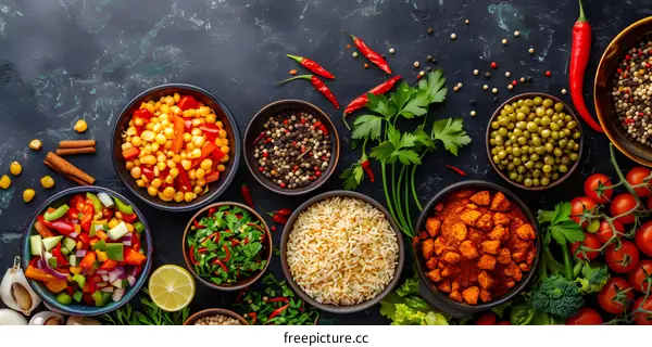 A variety of spices and vegetables are arranged on a dark background.