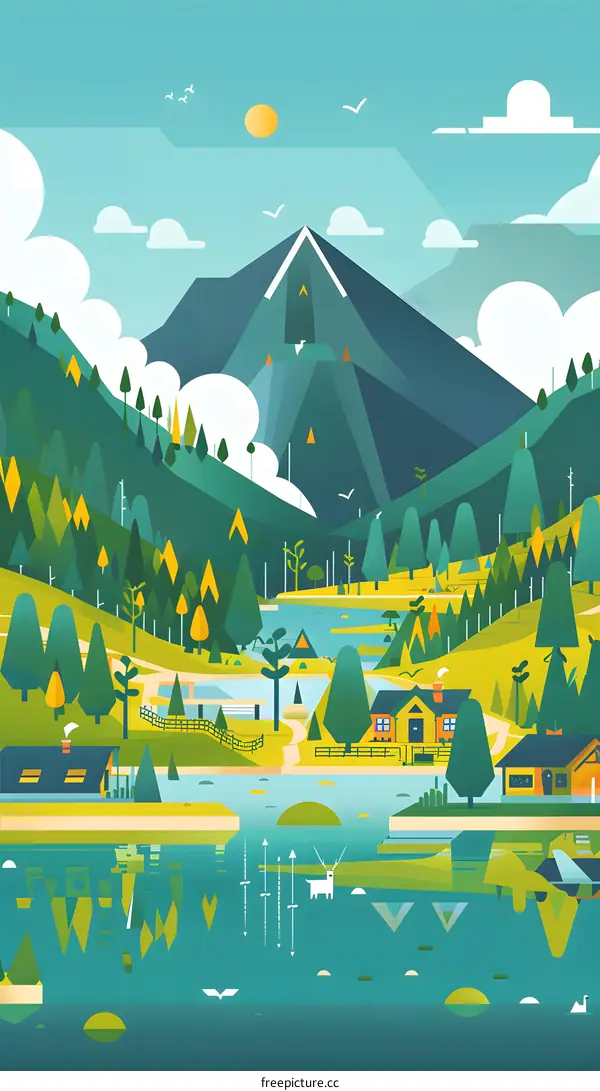 Geometric Mountain Landscape Illustration with Lake and Deer