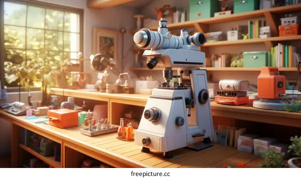 A Cluttered Science Laboratory with a Large Microscope