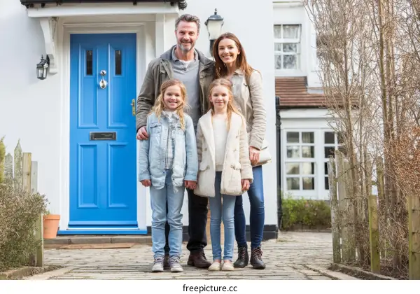 Family portrait in front of a beautiful blue door