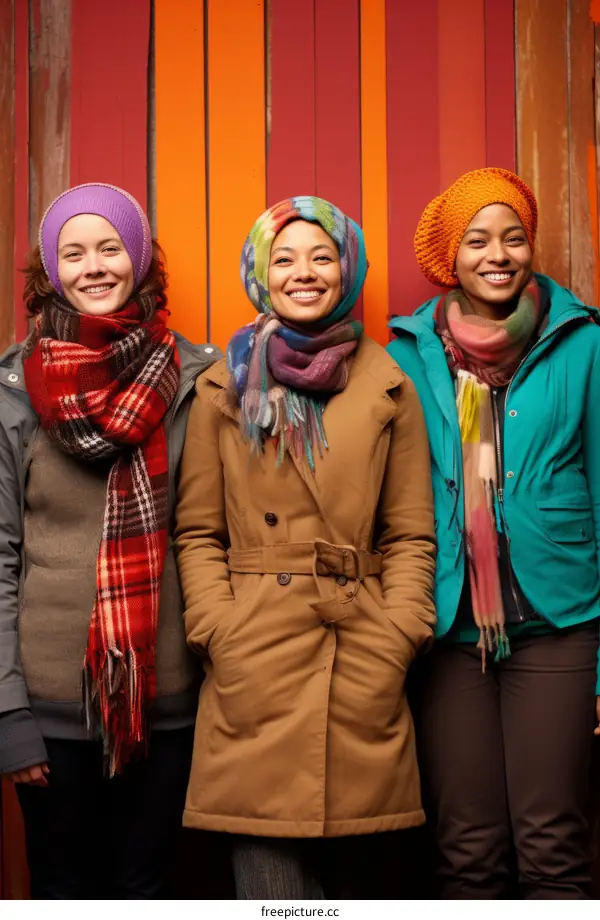 Three young women of different ethnicities wearing colorful scarves and winter coats