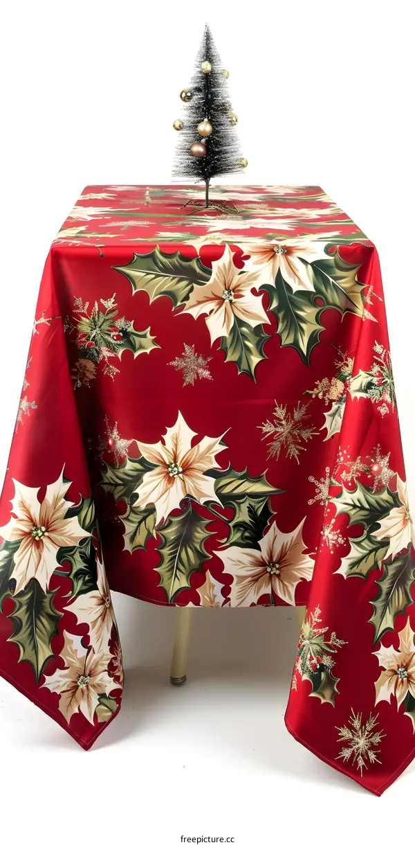 Red and Green Christmas Tablecloth With Holly and Poinsettia Design
