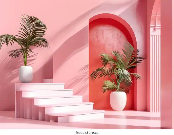 Pink Minimalist Room With Stairs And Palm Plants