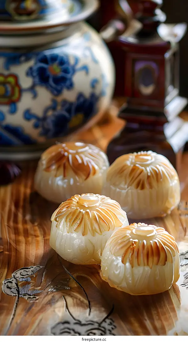 Carved Jade Lotus Flowers on Wooden Table