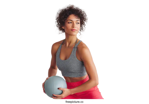 [Transparent Background PNG]Young woman with curly hair doing fitness training with medicine ball
