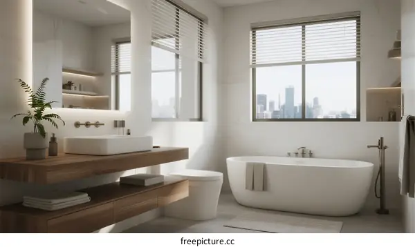 Modern bathroom with freestanding tub and large windows overlooking city