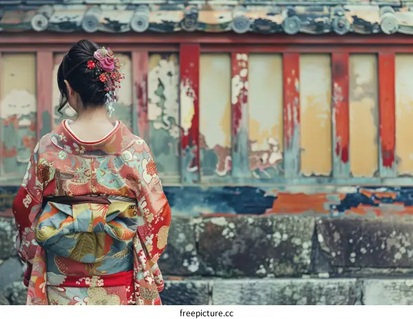 A woman wearing a kimono is standing in front of a traditional Japanese house.