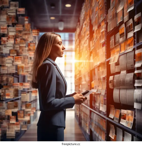businesswoman in suit looking at digital tablet in front of glowing server racks