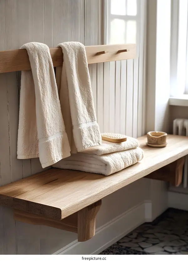 Wooden Shelf with Towels in Bathroom