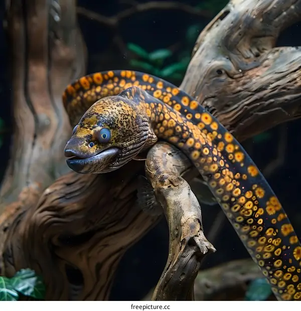 Yellow spotted eel on a branch