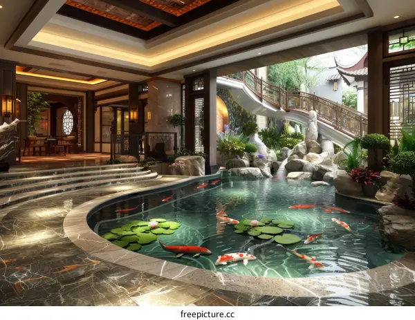 Indoor Luxury Villa Fish Pond Landscape Design