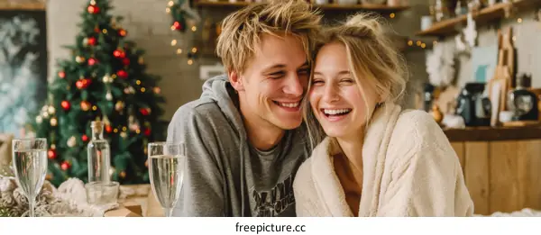 Couple Relaxing by the Christmas Tree